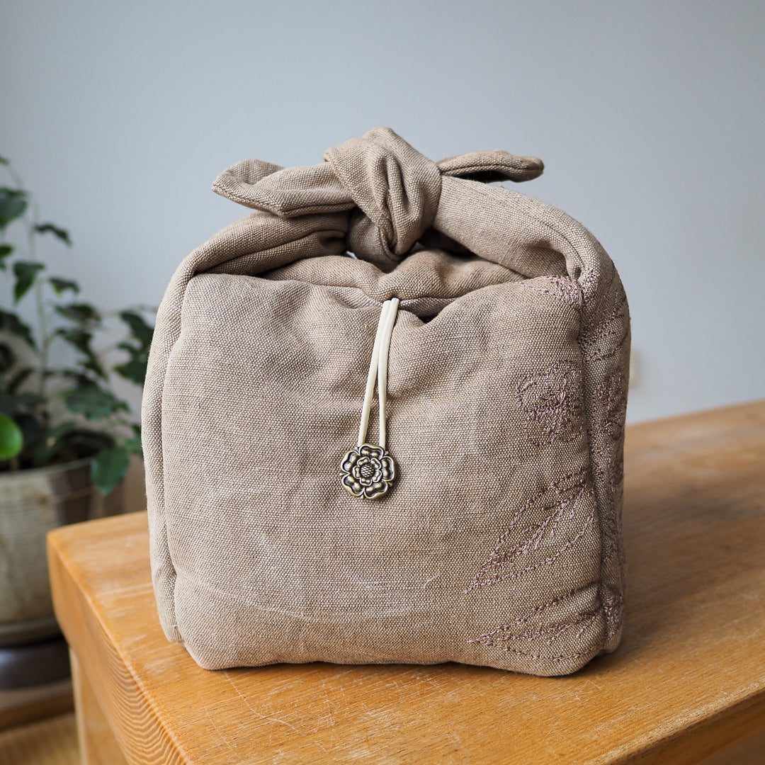 Tea-Dyed Travel Bag With Camellia Sinensis Embroidery