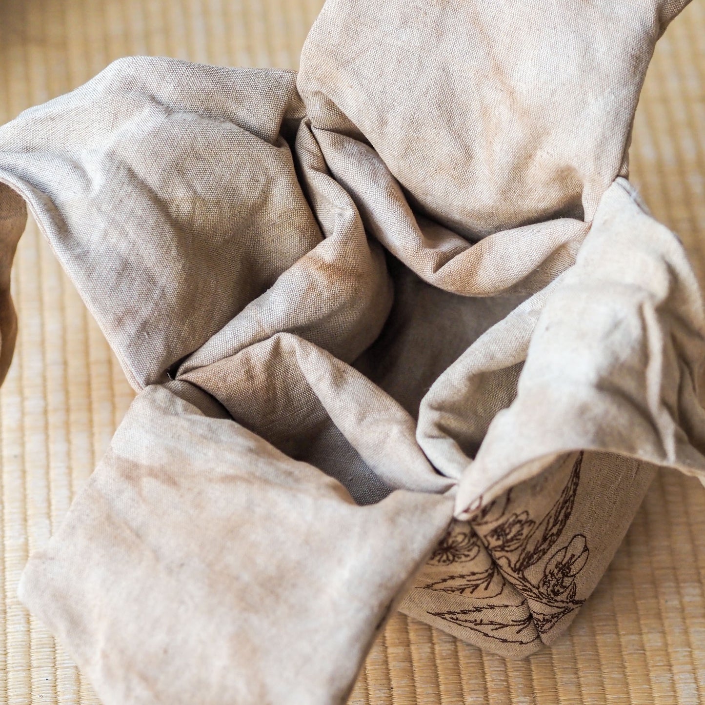 Tea-Dyed Travel Bag With Camellia Sinensis Embroidery